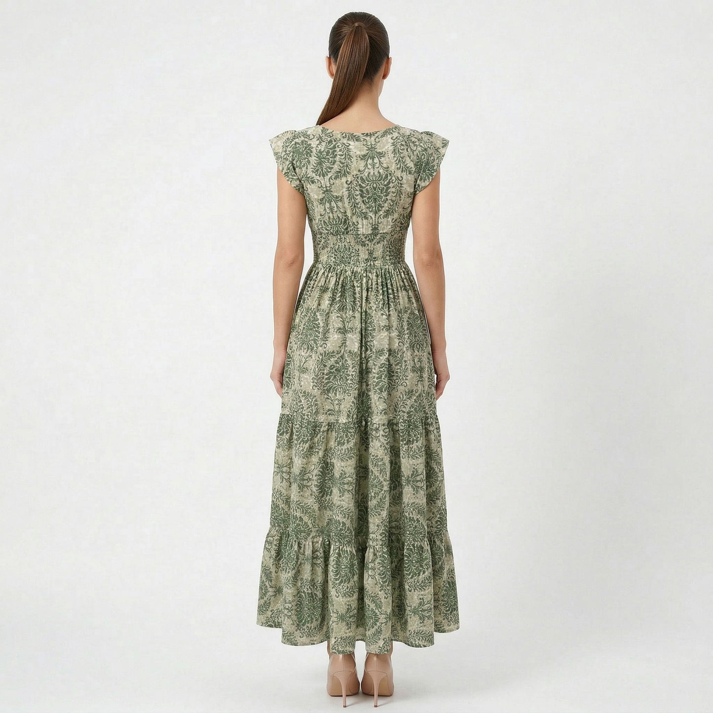 Robe intemporelle pour femme à col en V, taille haute, élégante, avec manches bouffantes