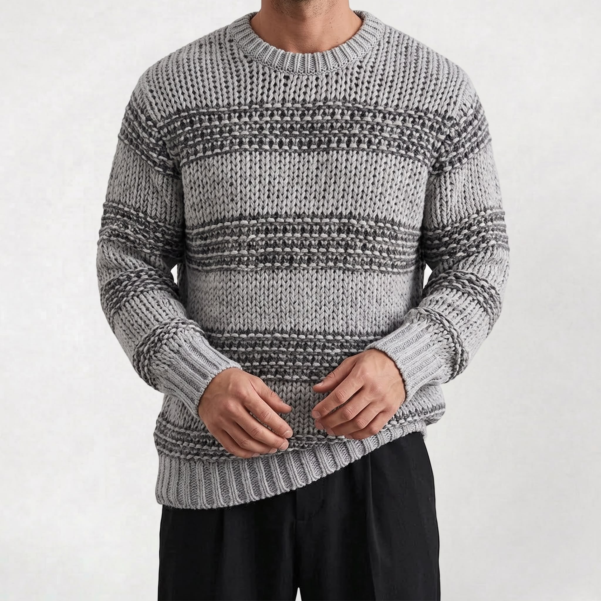 Pull Homme Col Rond Maille Rayée Élégant pour l’Automne et l’Hiver