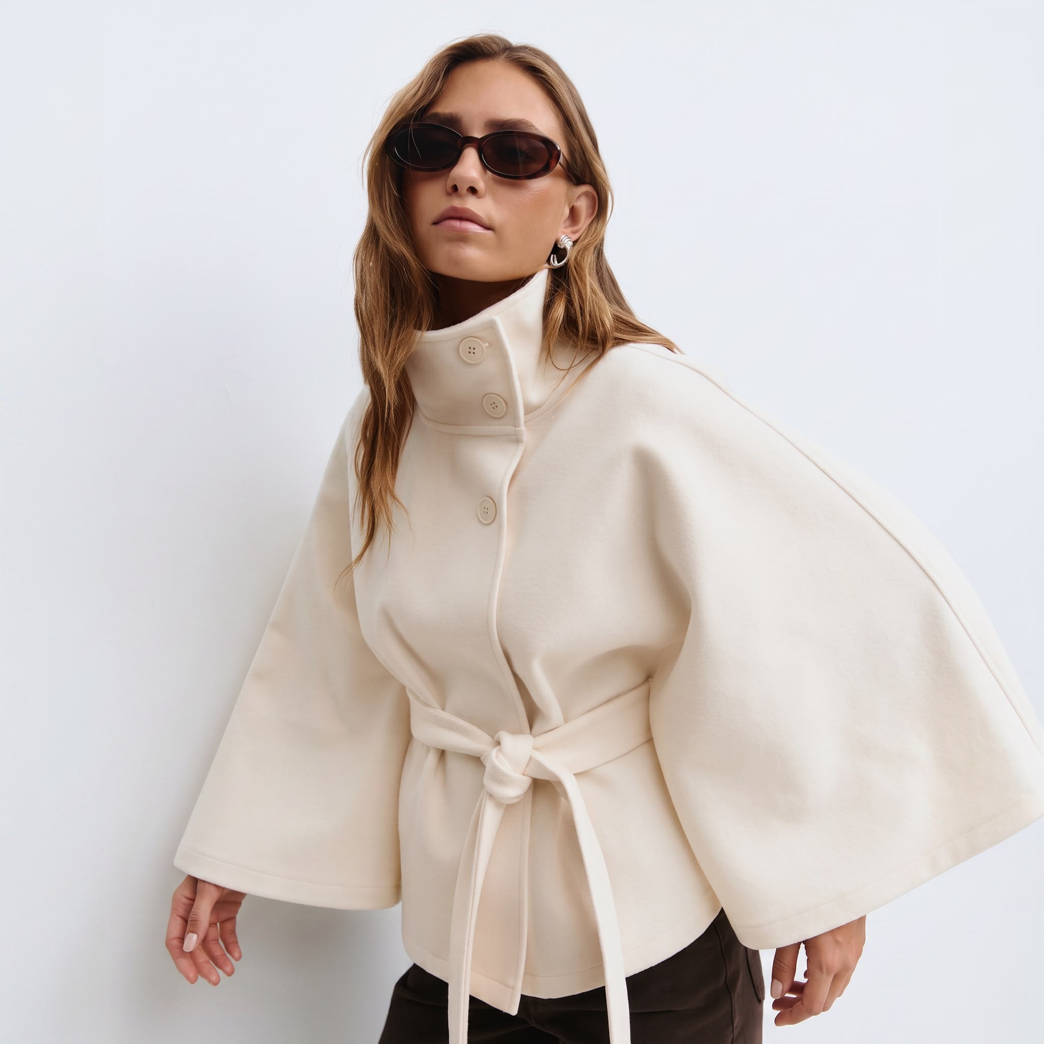 Veste de cape femmes Coupe régulière, ceinture nœud papillon à col montant hiver