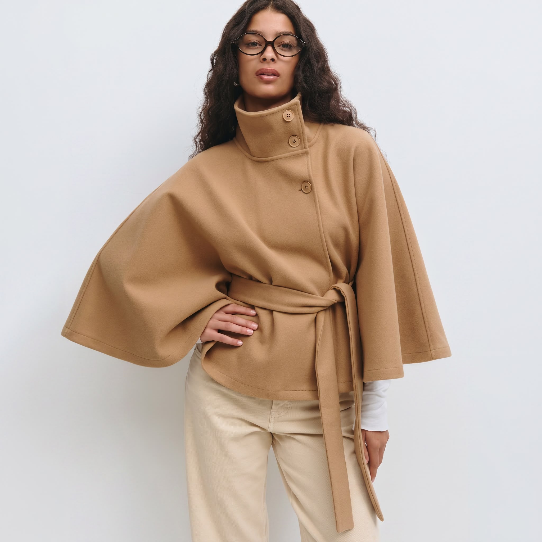 Veste de cape femmes Coupe régulière, ceinture nœud papillon à col montant hiver