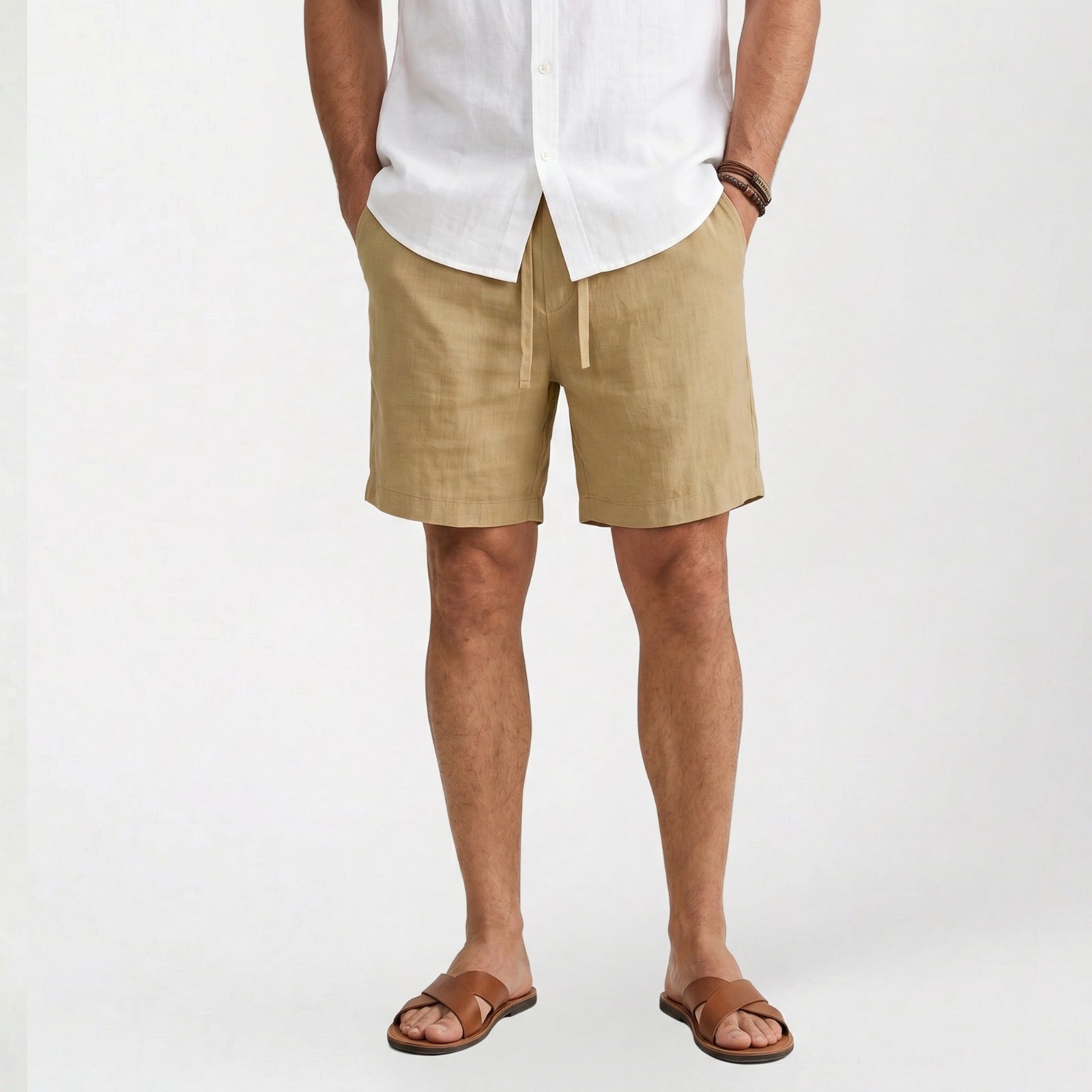 Short en lin homme été Bermuda léger taille élastique avec poches