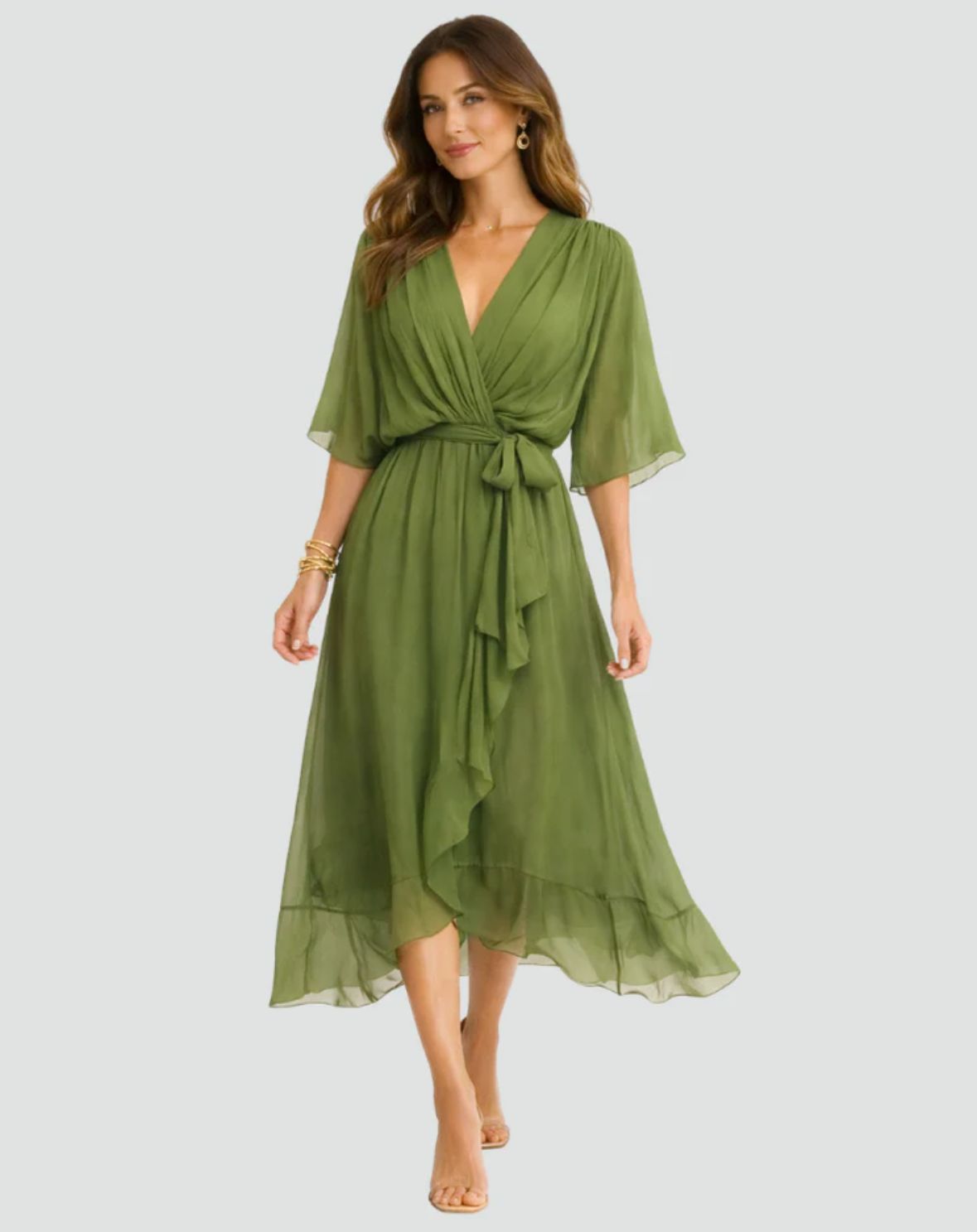 Robe de bal midi aérienne avec décolleté portefeuille et détails de nœud