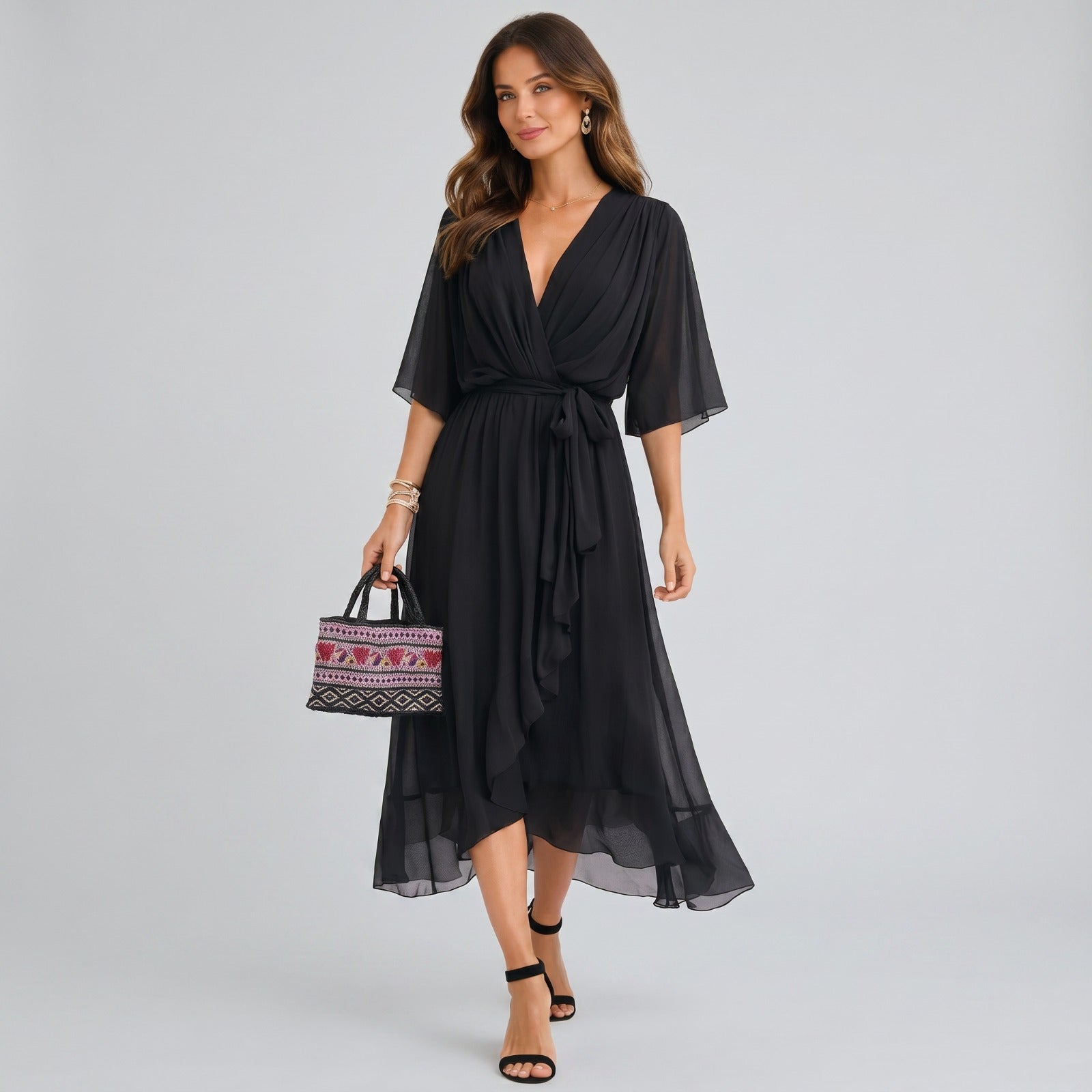 Robe de bal midi aérienne avec décolleté portefeuille et détails de nœud