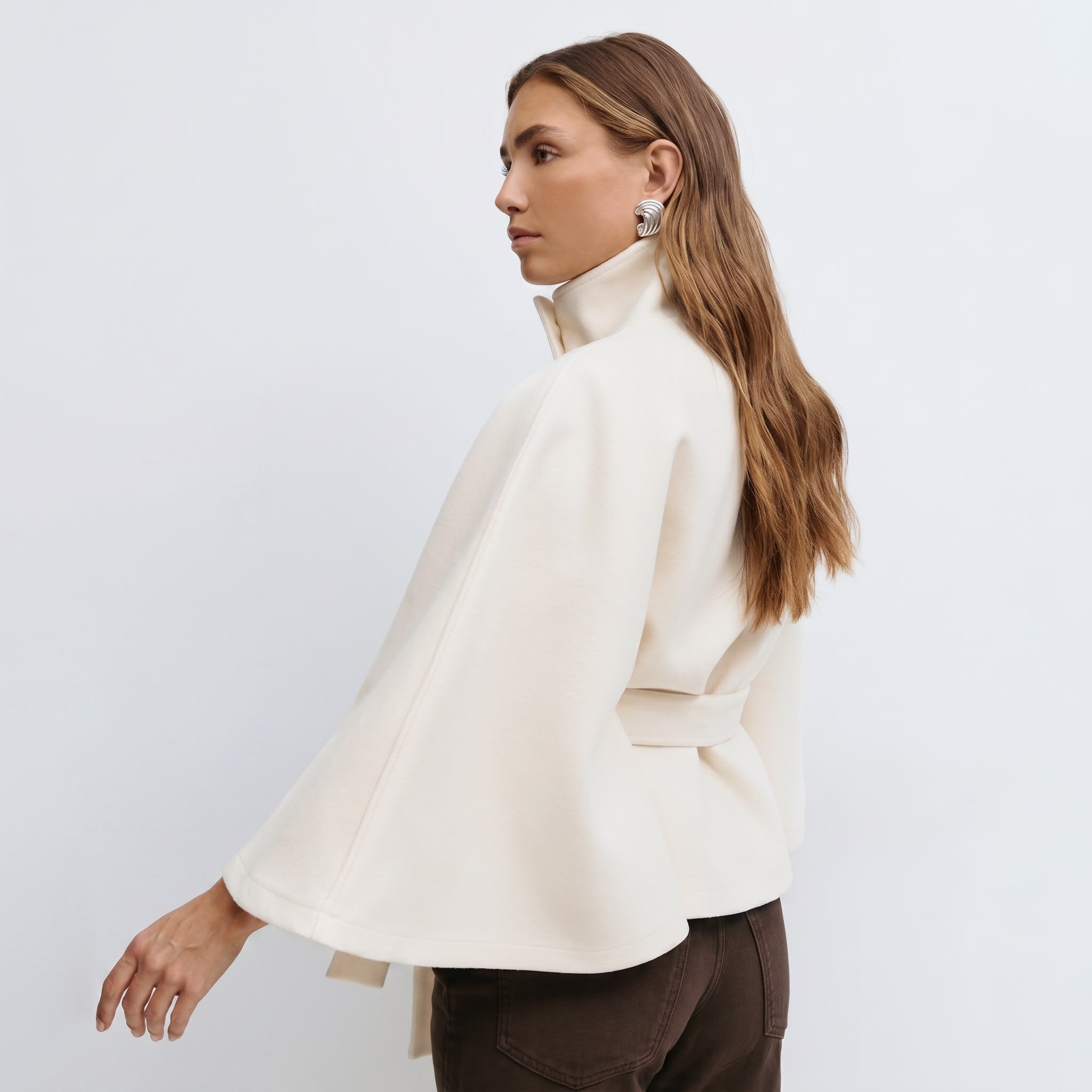 Veste de cape femmes Coupe régulière, ceinture nœud papillon à col montant hiver