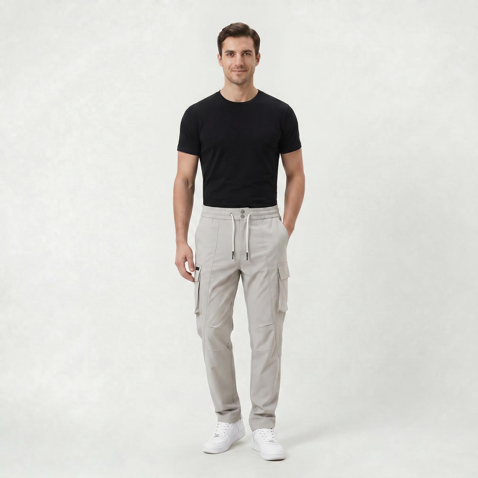 Pantalon Cargo Décontracté Homme Coupe Droite à Taille Cordon de Serrage
