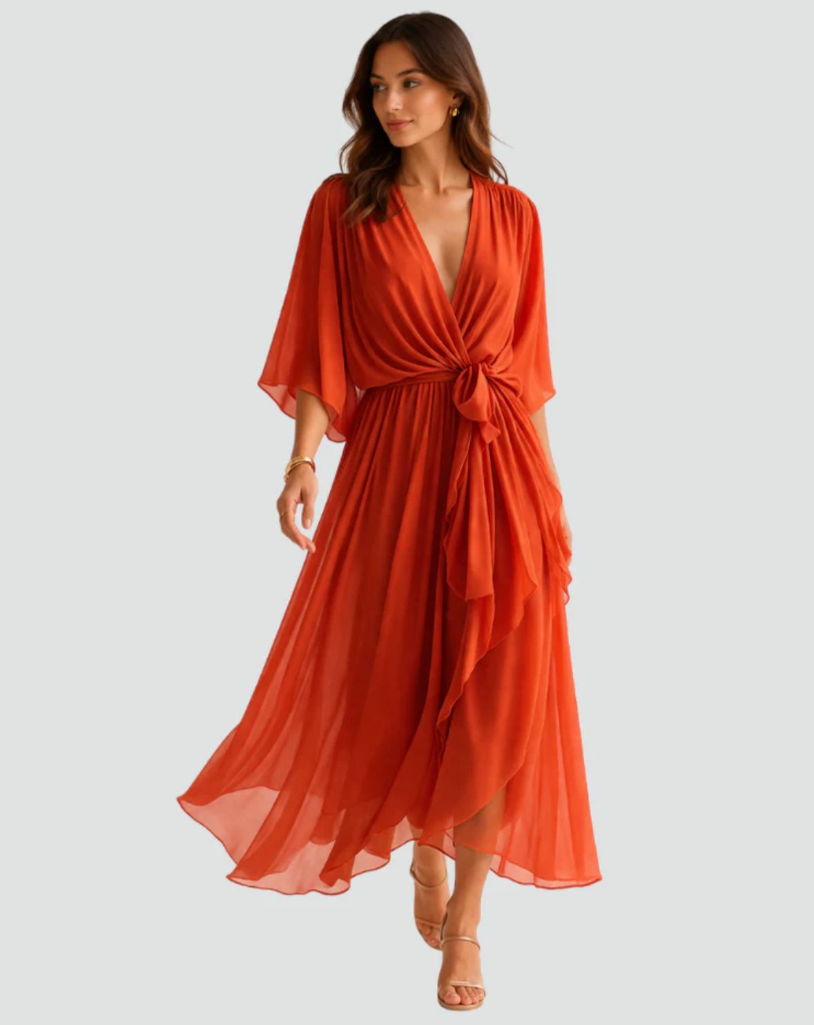 Robe de bal midi aérienne avec décolleté portefeuille et détails de nœud
