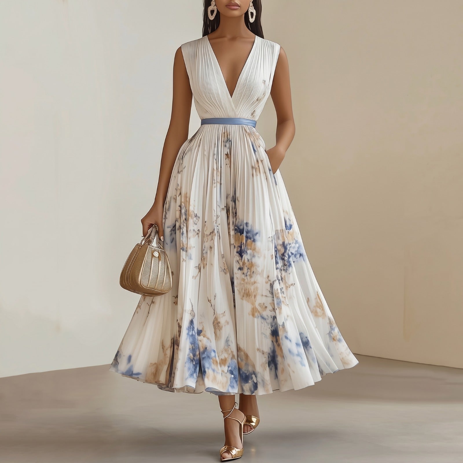 Robe fluide à taille haute et jupe évasée idéale pour les occasions spéciales