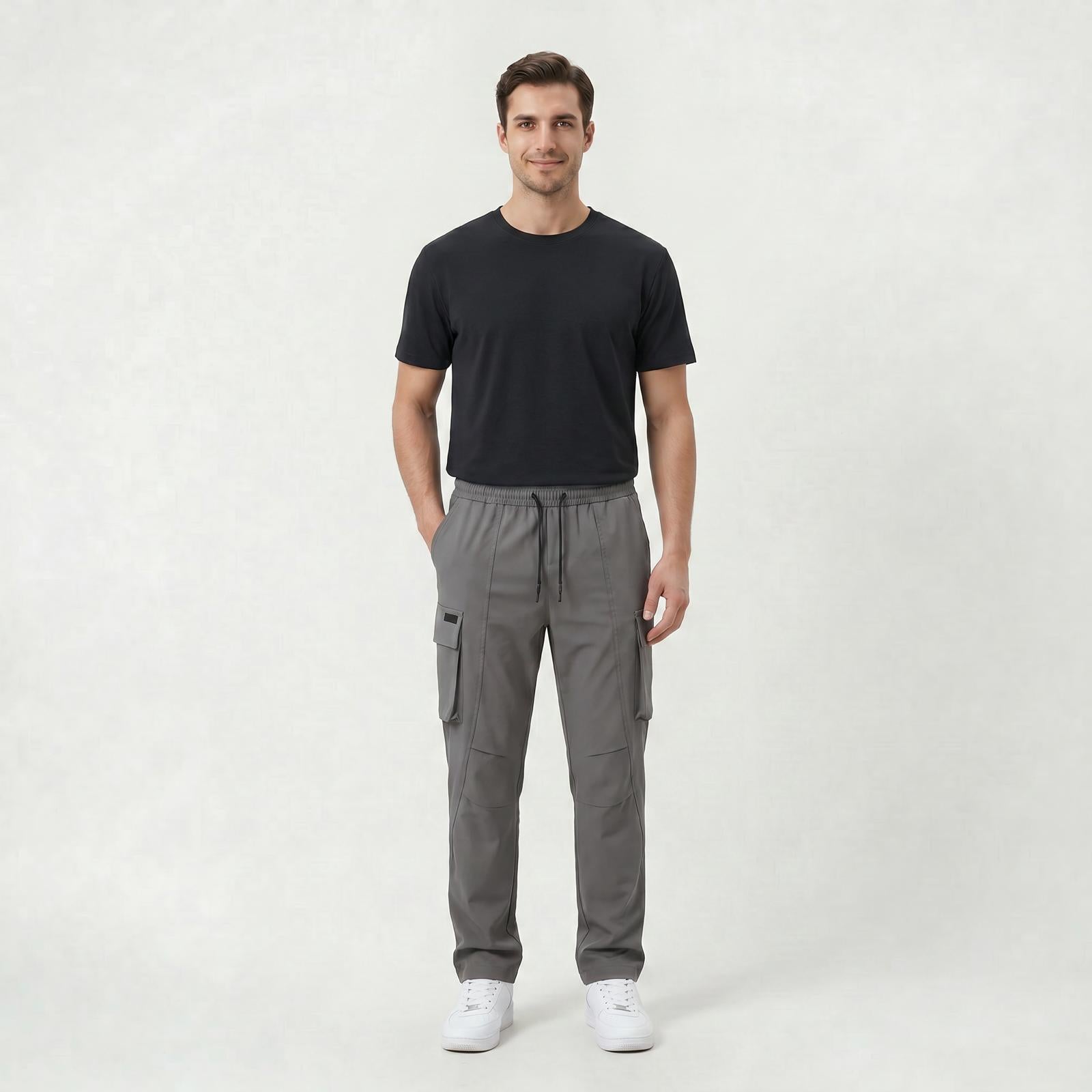 Pantalon Cargo Décontracté Homme Coupe Droite à Taille Cordon de Serrage