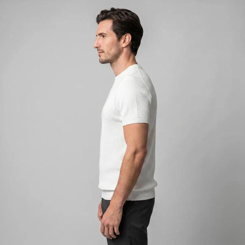 T-shirt tricoté côtelé pour hommes décontracté à col rond