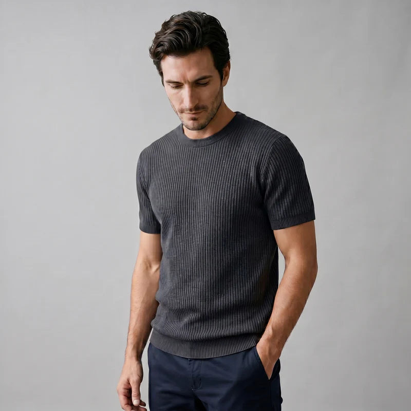 T-shirt tricoté côtelé pour hommes décontracté à col rond