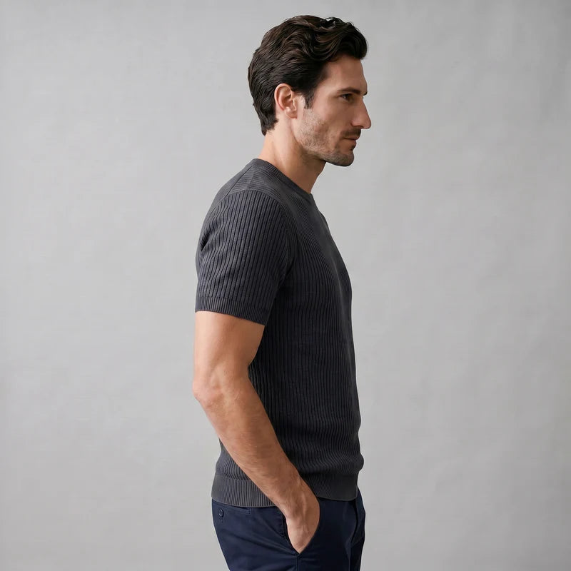 T-shirt tricoté côtelé pour hommes décontracté à col rond