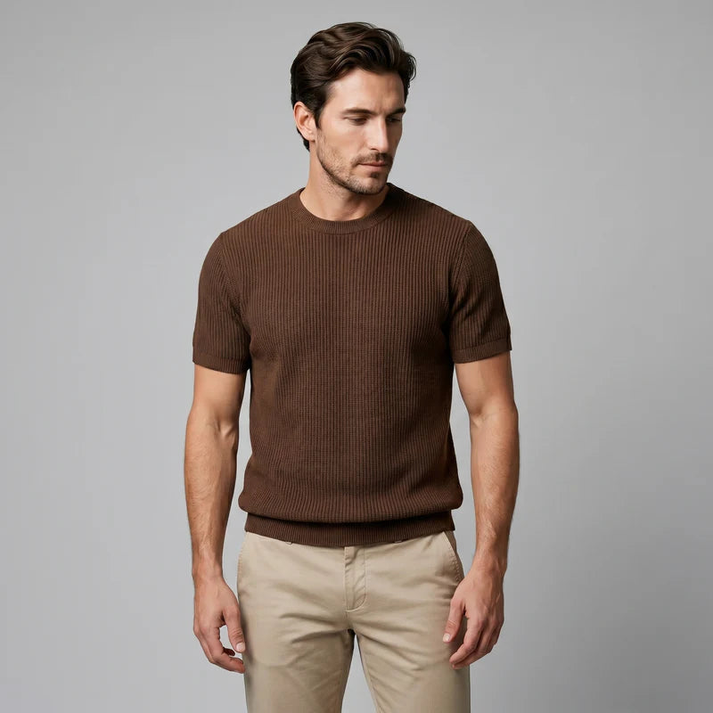 T-shirt tricoté côtelé pour hommes décontracté à col rond