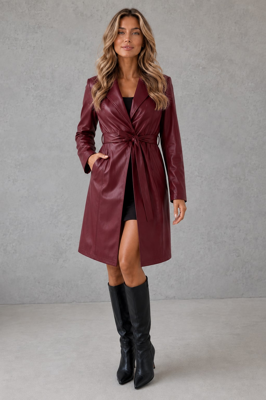 Women's Faux Leather Long Trench Coat - Belted Slim-Fit Overcoat