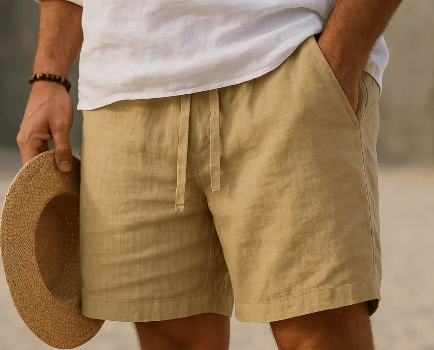 Short en lin homme été Bermuda léger taille élastique avec poches