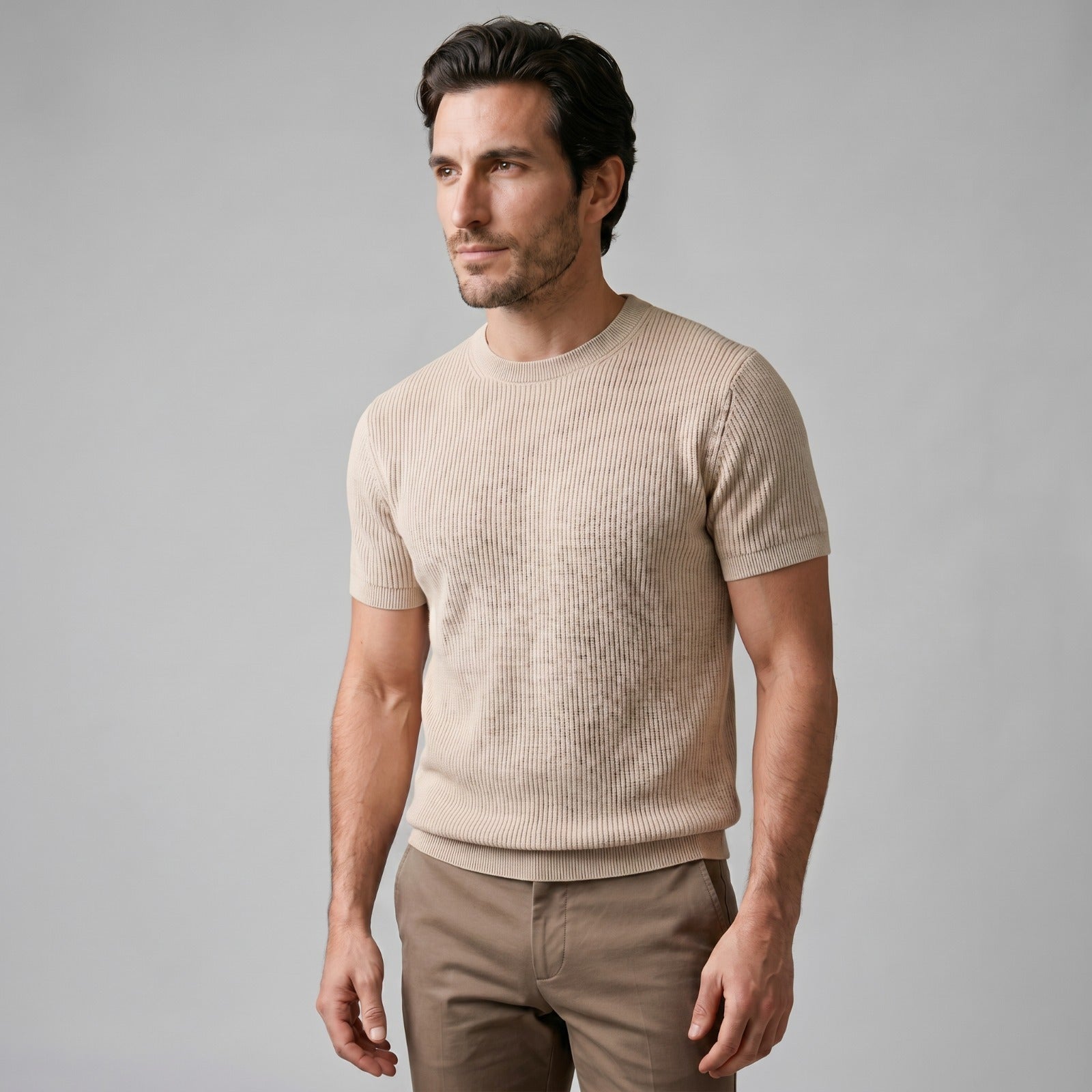 T-shirt tricoté côtelé pour hommes décontracté à col rond