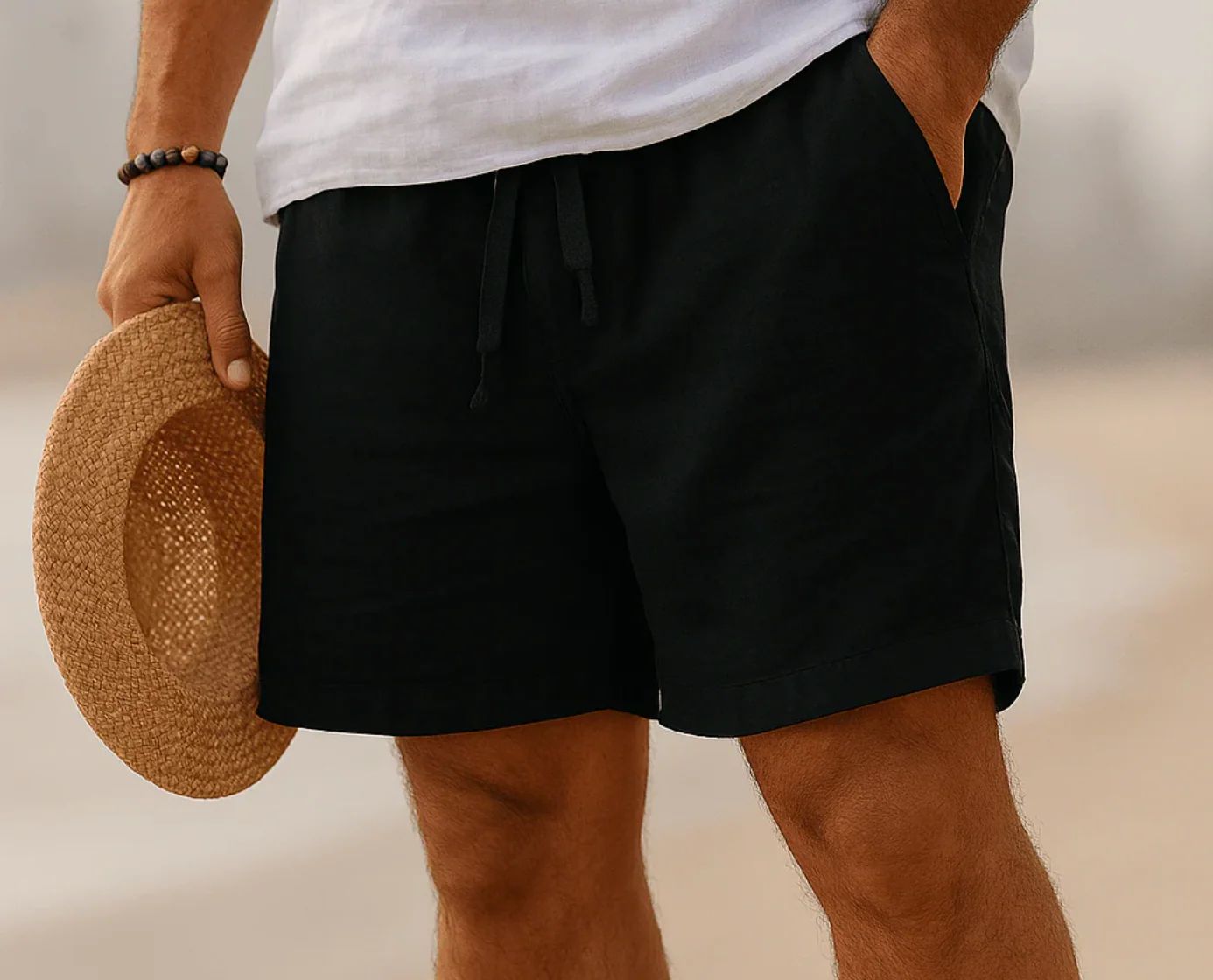 Short en lin homme été Bermuda léger taille élastique avec poches