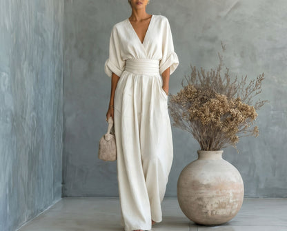 Combinaison Femme Fluide Col V Taille Marquée Élégante