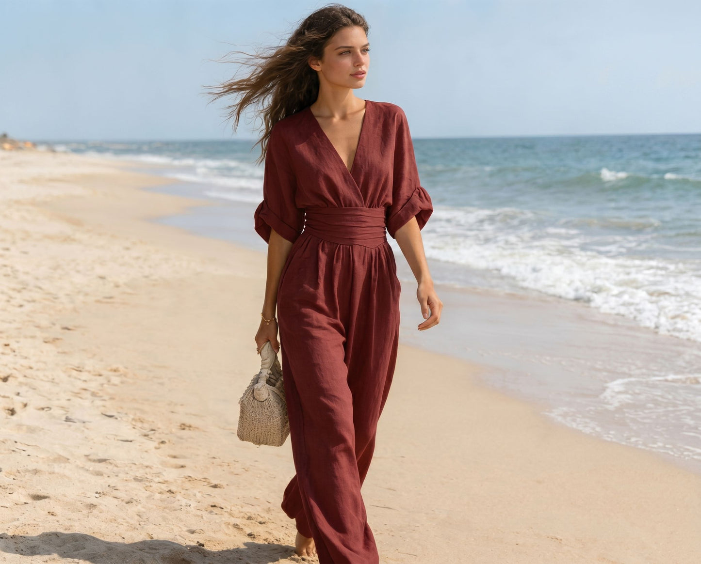 Combinaison Femme Fluide Col V Taille Marquée Élégante