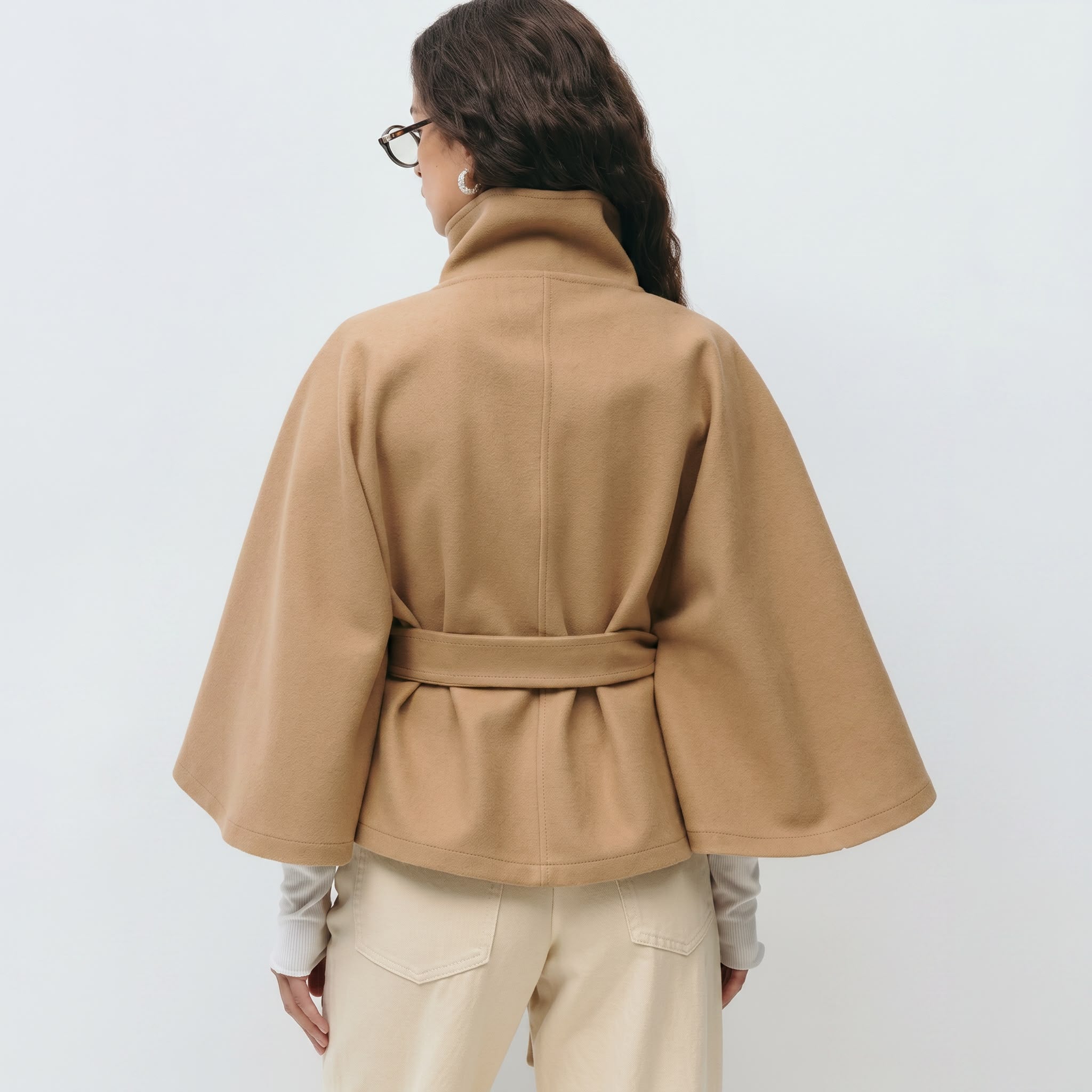 Veste de cape femmes Coupe régulière, ceinture nœud papillon à col montant hiver