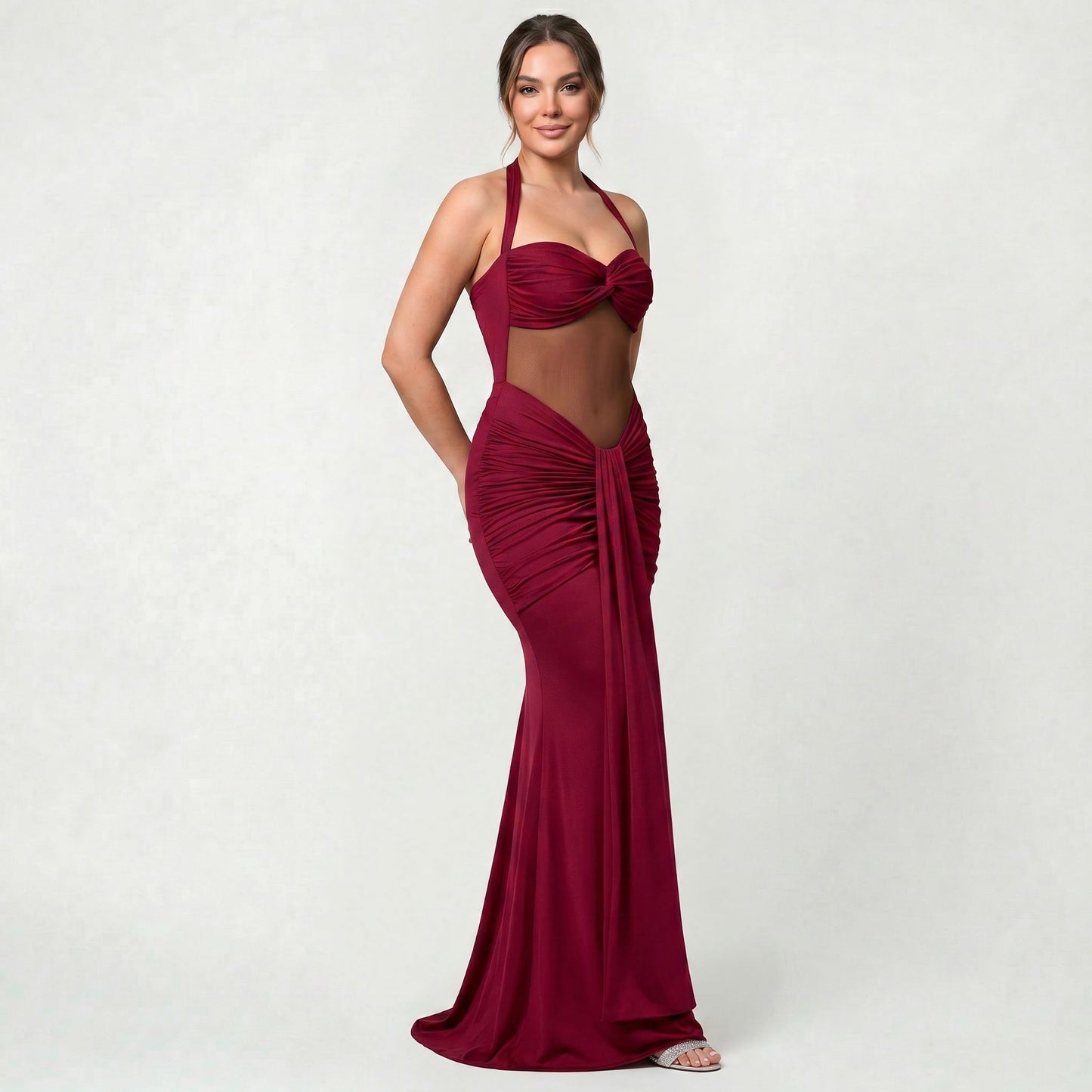 Robe Midi Unie Femme Coupe Slim Taille Haute Élégante