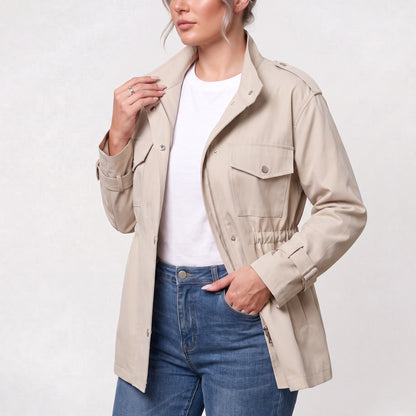 Long women's polyester trench coat with a belt for everyday wear.
