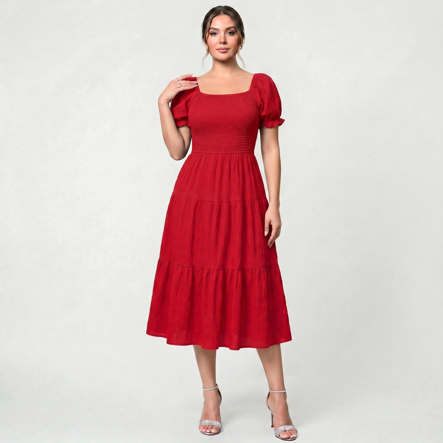 Robe Midi Élégante à Volants pour Femme Taille Haute Coupe Fluide