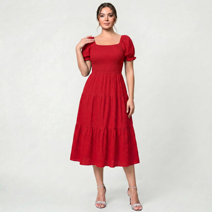 Robe Midi Élégante à Volants pour Femme Taille Haute Coupe Fluide