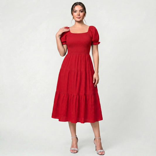 Robe Midi Élégante à Volants pour Femme Taille Haute Coupe Fluide
