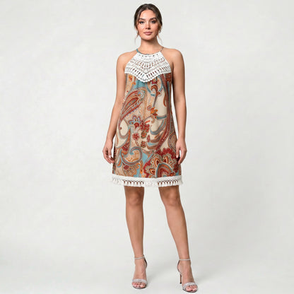 Robe sans manches en dentelle pour femme à imprimé floral et coupe confortable