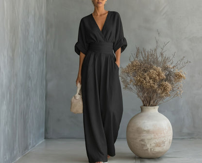 Combinaison Femme Fluide Col V Taille Marquée Élégante