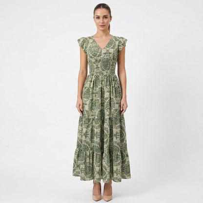 Robe intemporelle pour femme à col en V, taille haute, élégante, avec manches bouffantes