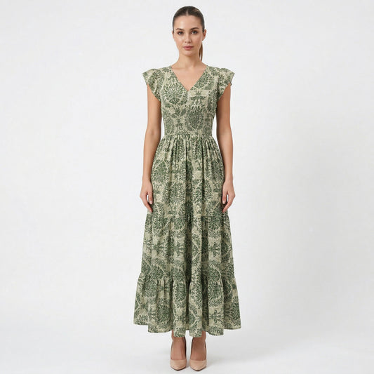 Robe intemporelle pour femme à col en V, taille haute, élégante, avec manches bouffantes