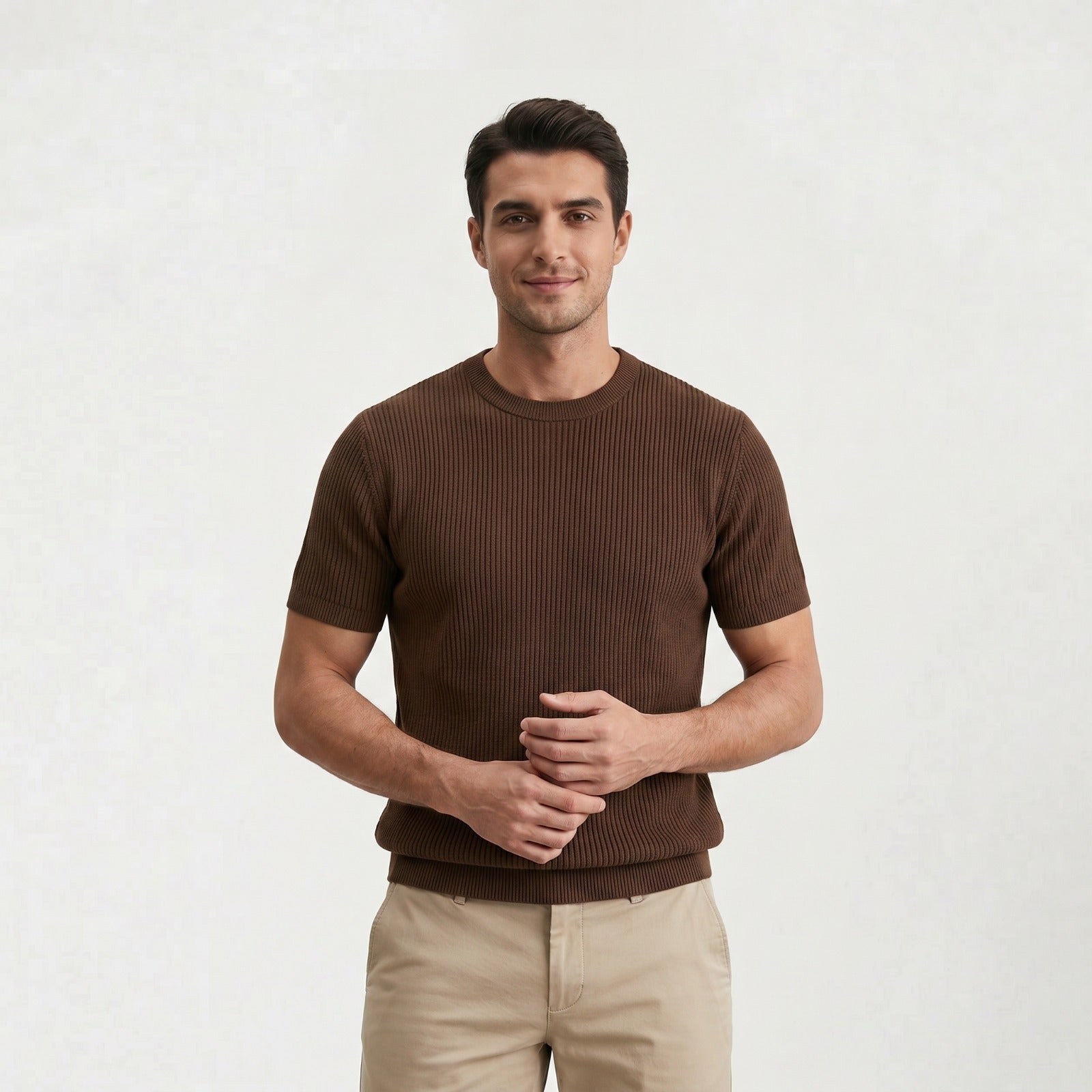 T-shirt tricoté côtelé pour hommes décontracté à col rond