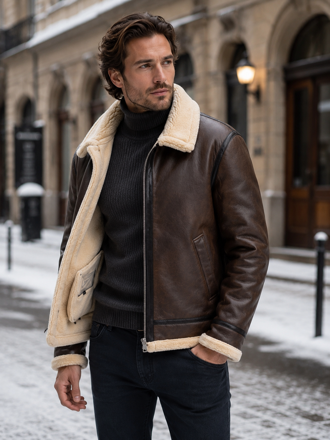 Men's Aviator Jacket Leather-Look Shearling