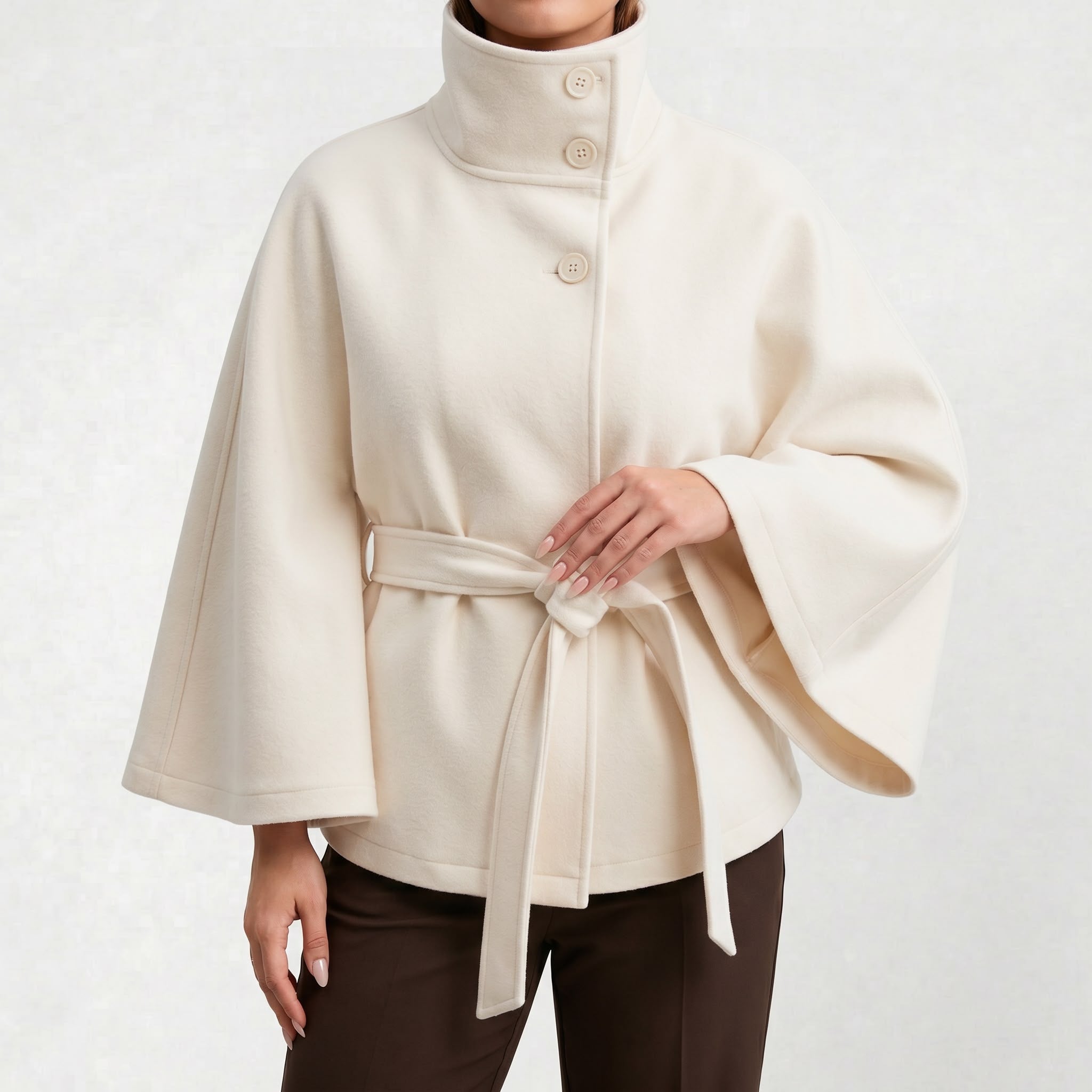 Veste de cape femmes Coupe régulière, ceinture nœud papillon à col montant hiver