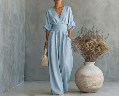 Combinaison Femme Fluide Col V Taille Marquée Élégante