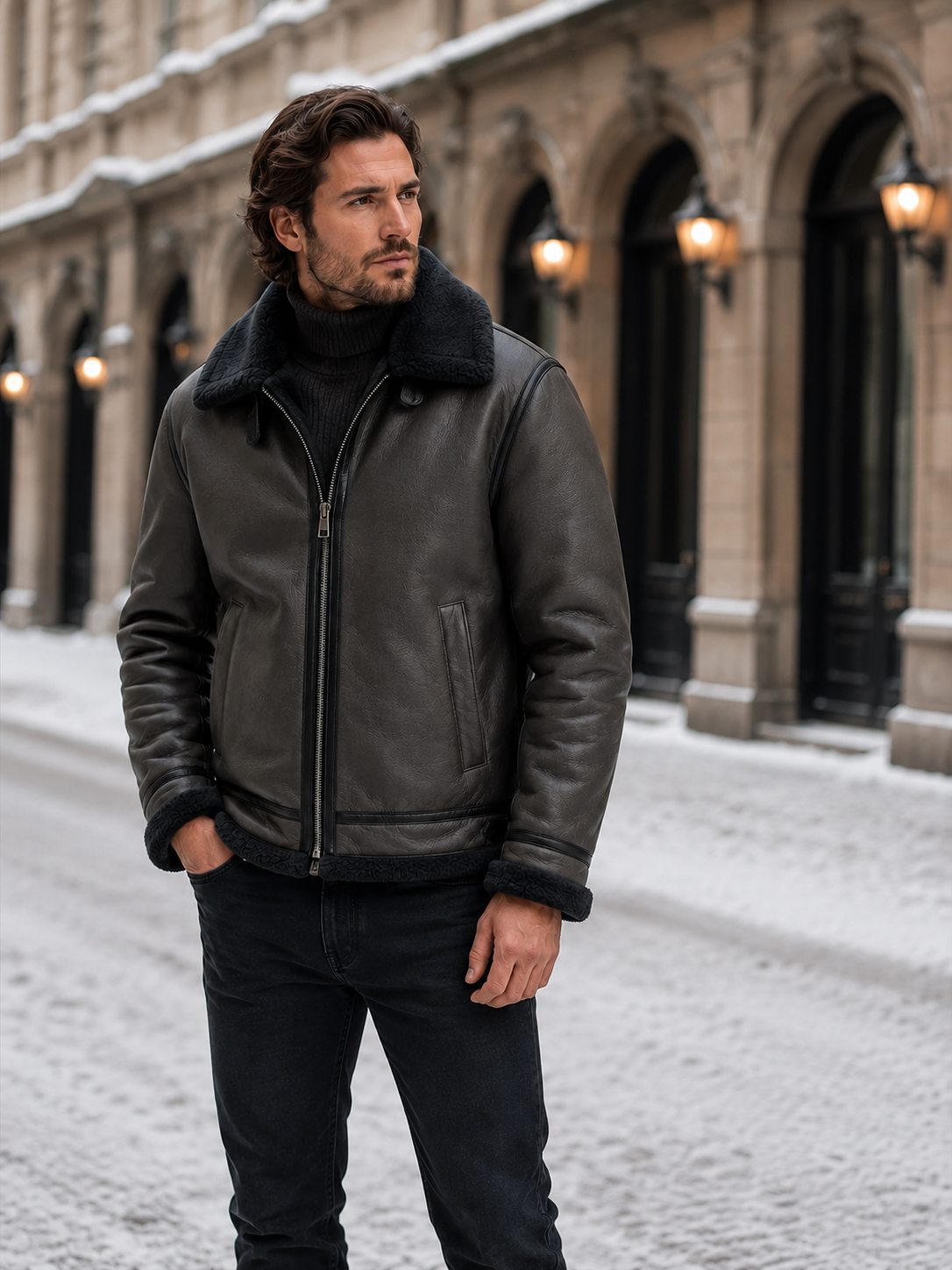 Men's Aviator Jacket Leather-Look Shearling