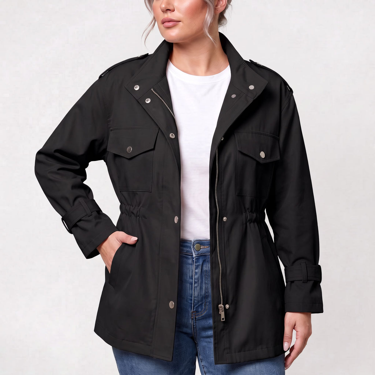 Long women's polyester trench coat with a belt for everyday wear.