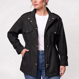 Long women's polyester trench coat with a belt for everyday wear.