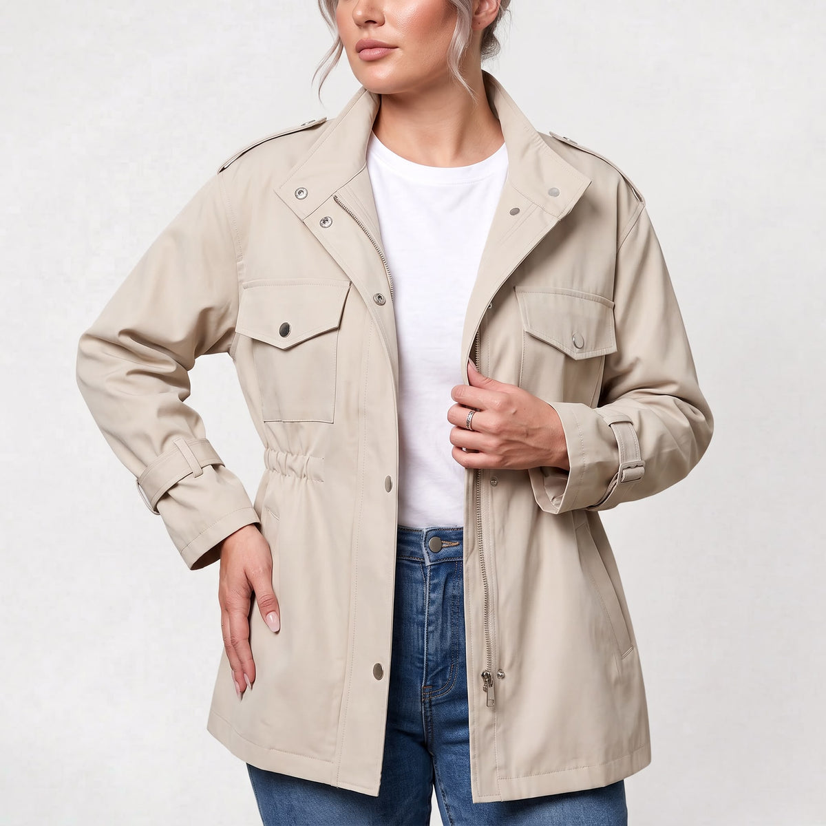 Long women's polyester trench coat with a belt for everyday wear.
