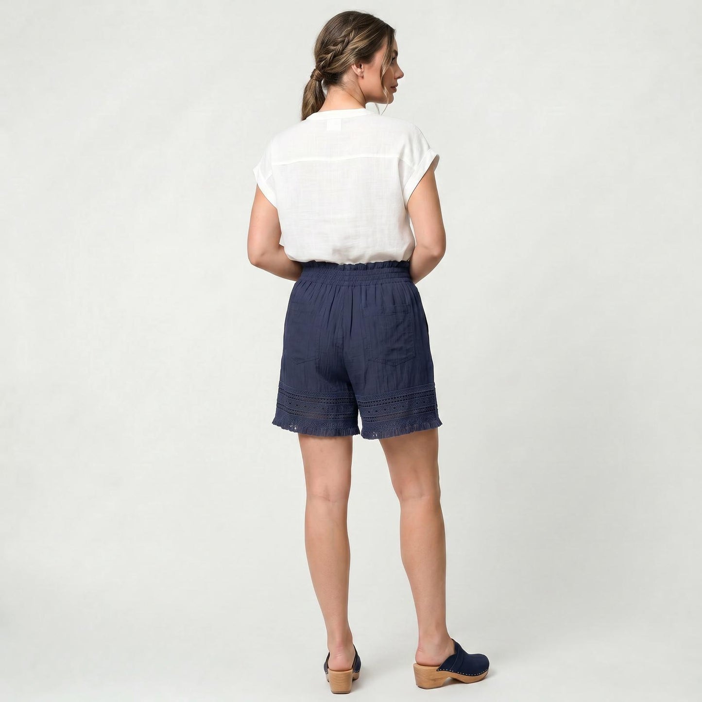 Short en coton à dentelle pour femme, taille élastique, tenue estivale décontractée