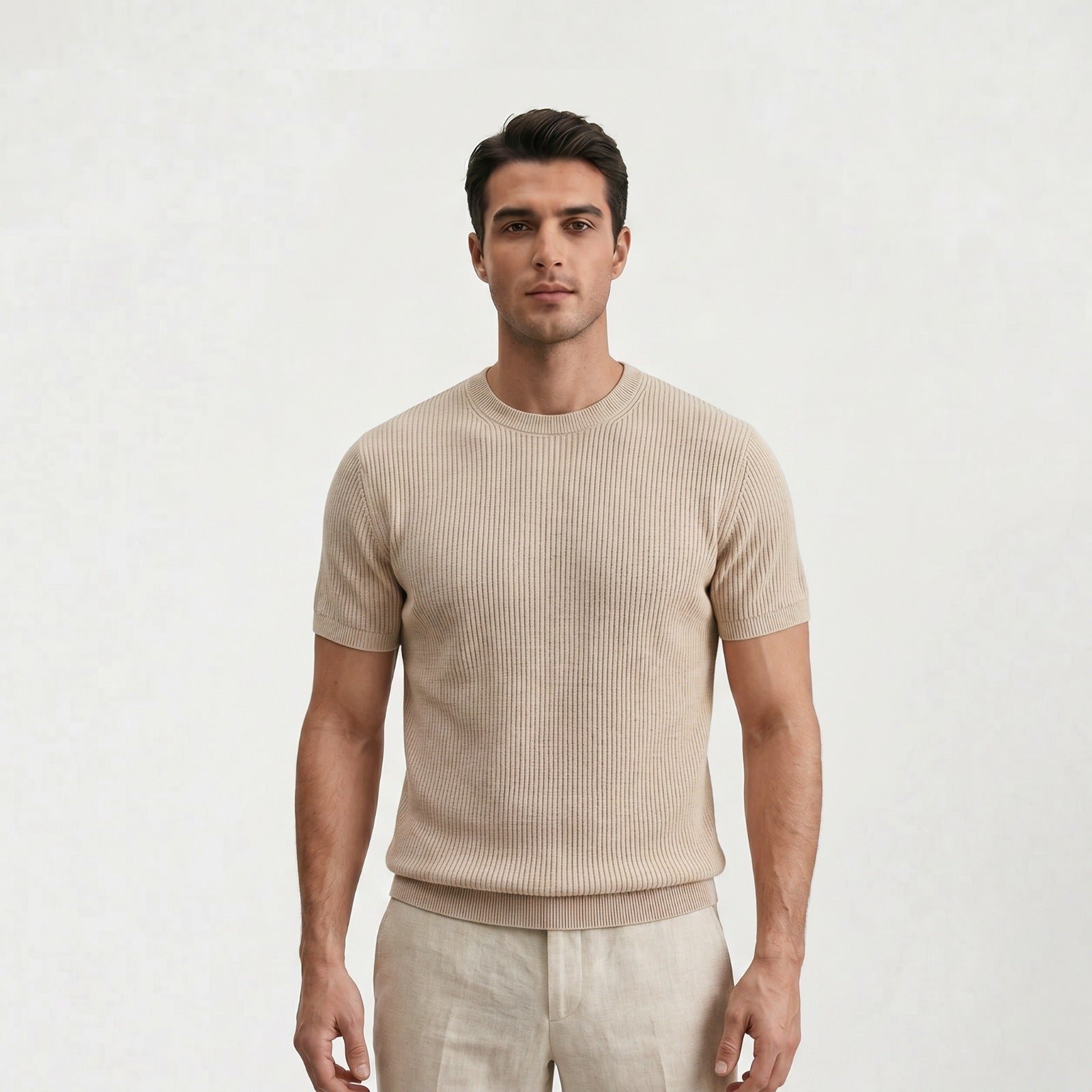 T-shirt tricoté côtelé pour hommes décontracté à col rond