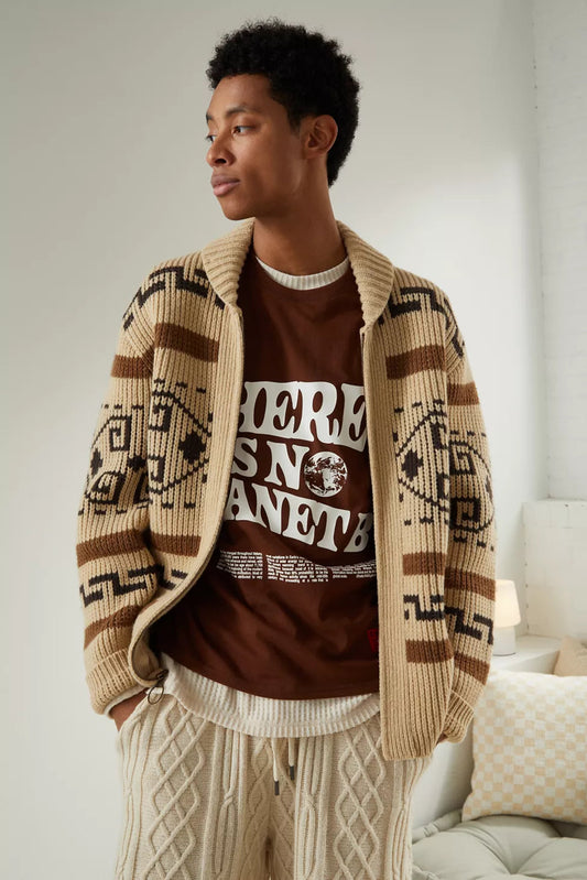 Vintage Jacquard Knitted Men's Cardigan with Zipper Timeless Style Meets Modern Comfort
