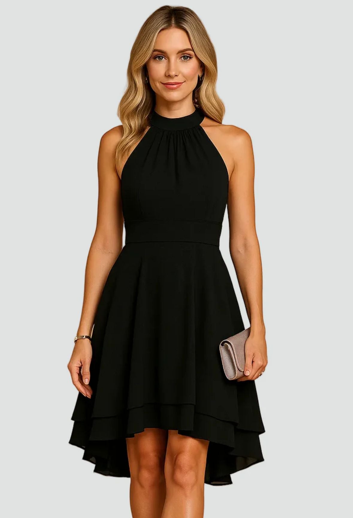 Robe cocktail féminine avec col nu et ourlet asymétrique