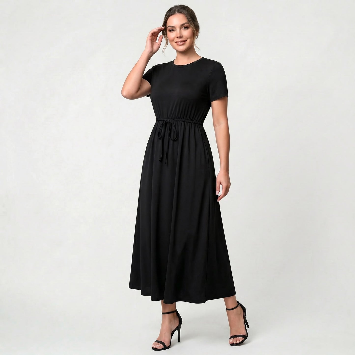 Robe longue classique pour femme avec taille à cordon de serrage, confort raffiné