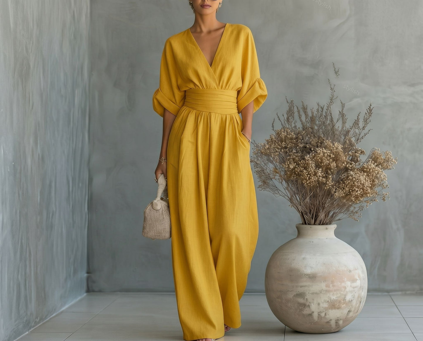Combinaison Femme Fluide Col V Taille Marquée Élégante