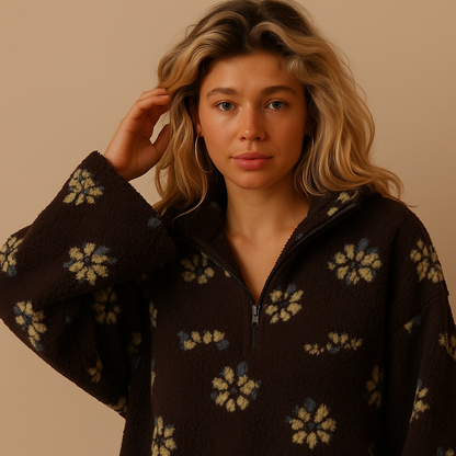 Emma | Oversized Floral Teddy Fleece Jacket with Half Zip