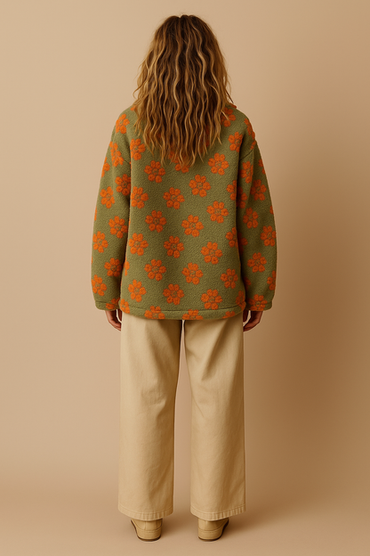 Emma | Oversized Floral Teddy Fleece Jacket with Half Zip