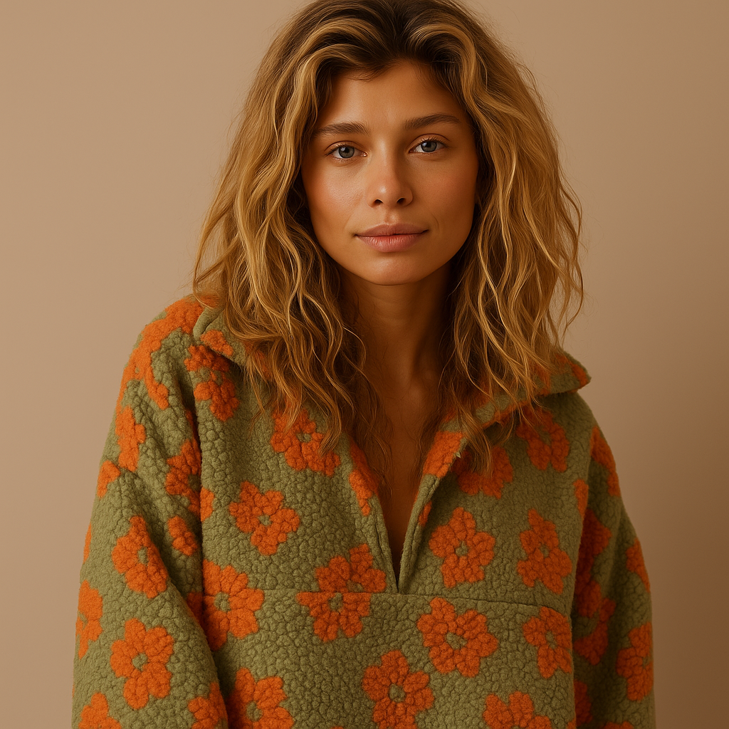 Emma | Oversized Floral Teddy Fleece Jacket with Half Zip