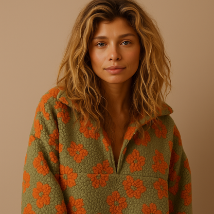 Emma | Oversized Floral Teddy Fleece Jacket with Half Zip